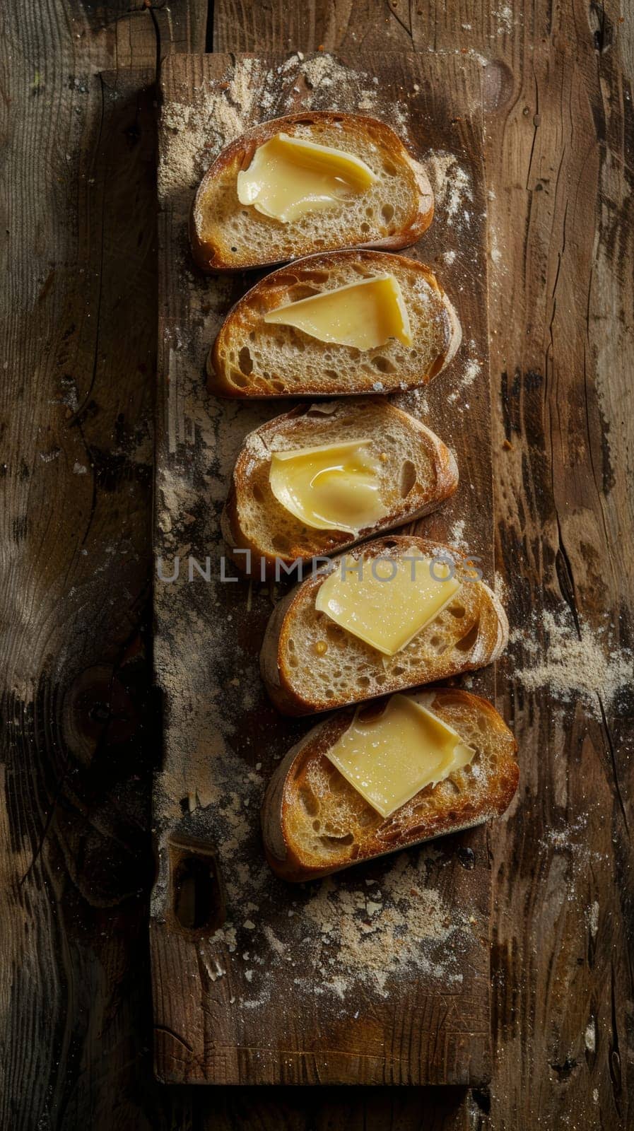 Several slices of bread topped with cheese are arranged neatly on a wooden cutting board. The cheese is melting slightly, indicating warmth and freshness.