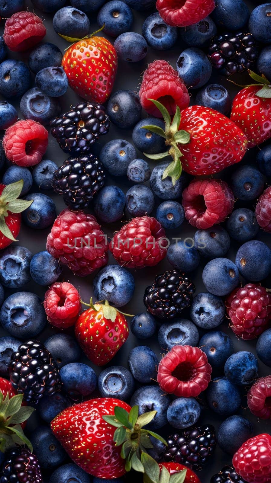 Raspberries, blueberries, and strawberries are meticulously arranged in a pattern, showcasing a colorful and vibrant display of fresh fruits.