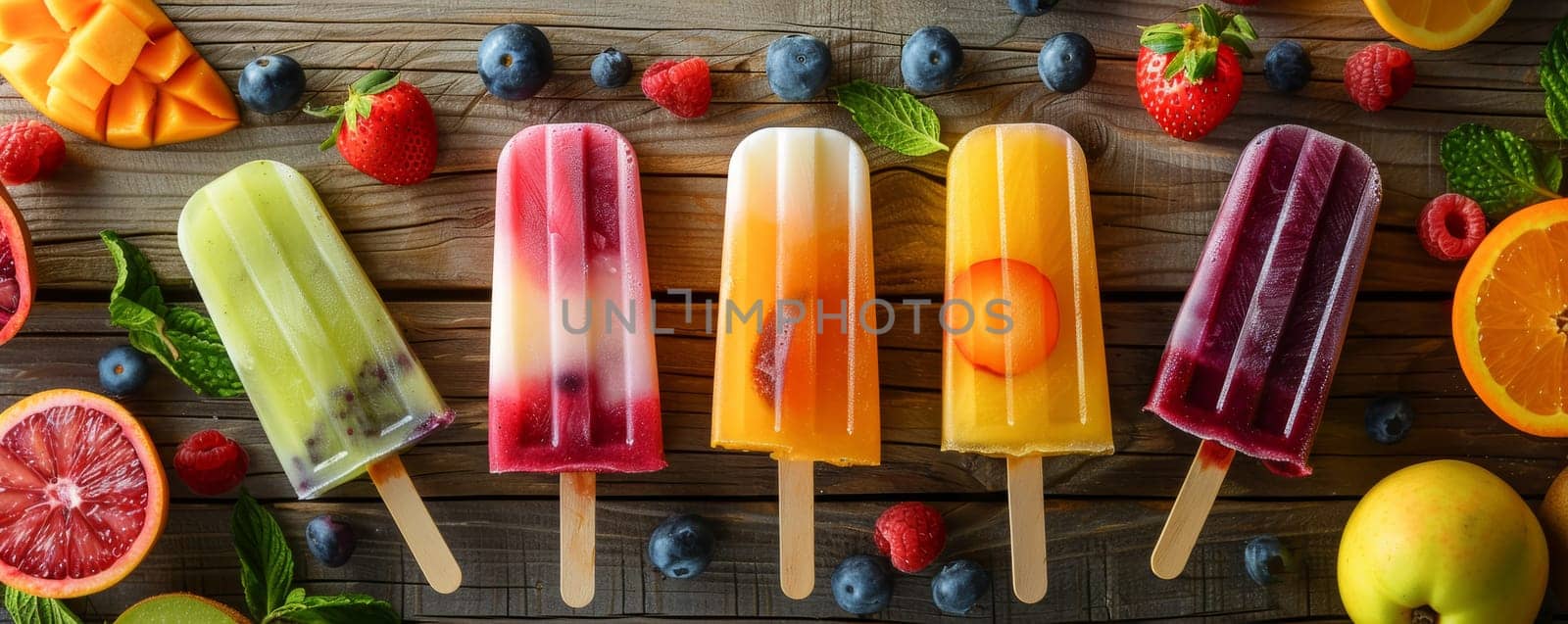 Assorted fruit popsicles on wooden background.