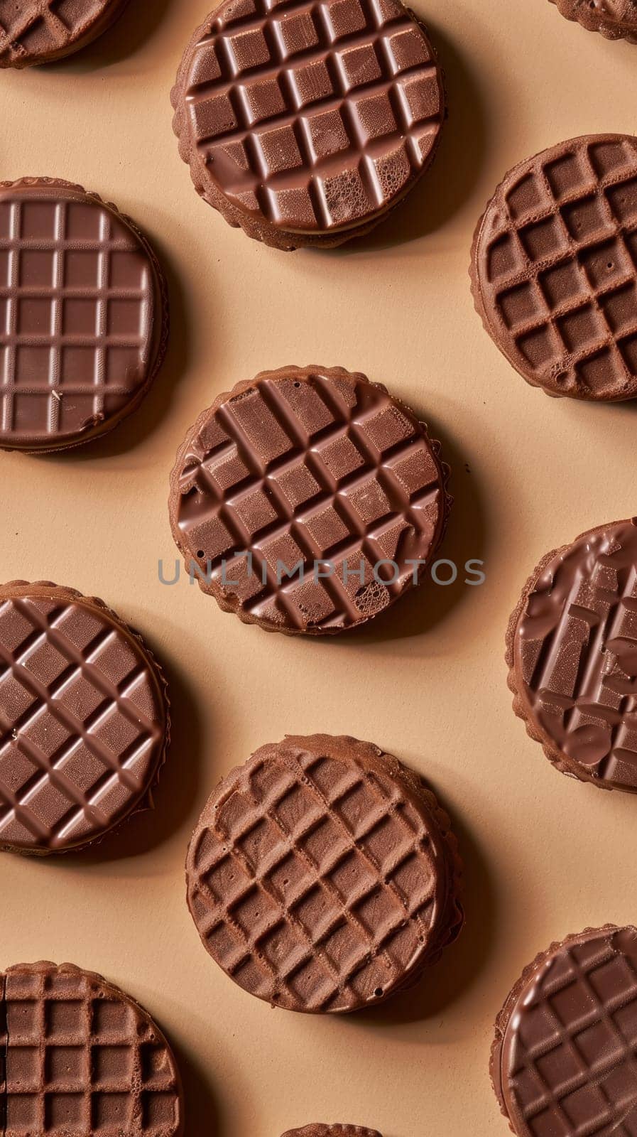 A detailed view of delicious chocolate cookies arranged neatly on a wooden table, showcasing their rich brown color and tempting texture. The cookies are placed on a white plate, highlighting their appetizing appearance and inviting aroma.