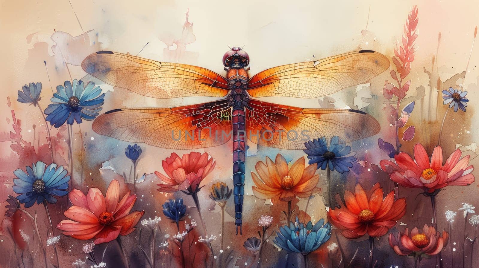 Watercolor dragonfly perched on flowers.