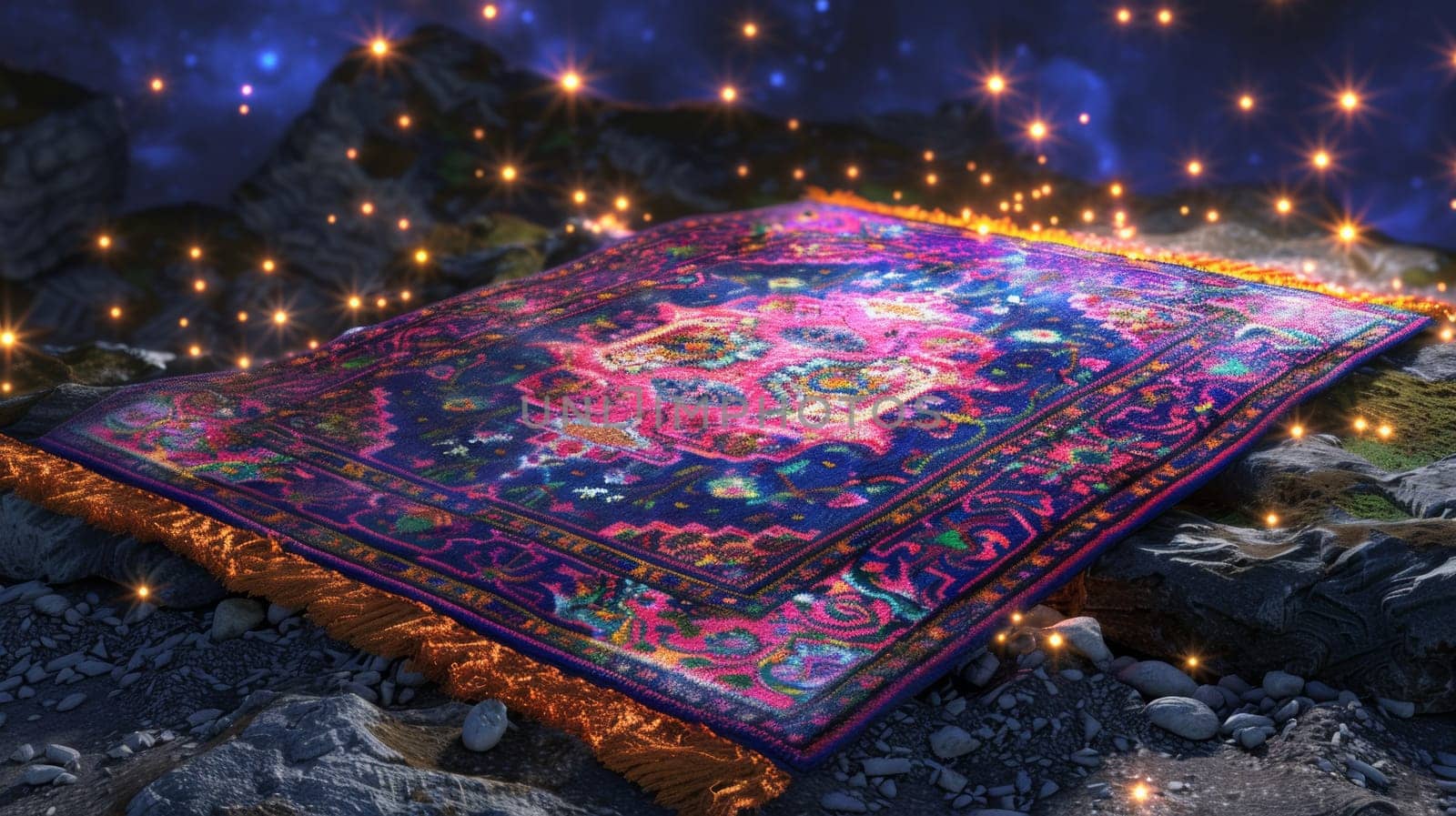 Magical flying carpet hovering over rocky terrain at night