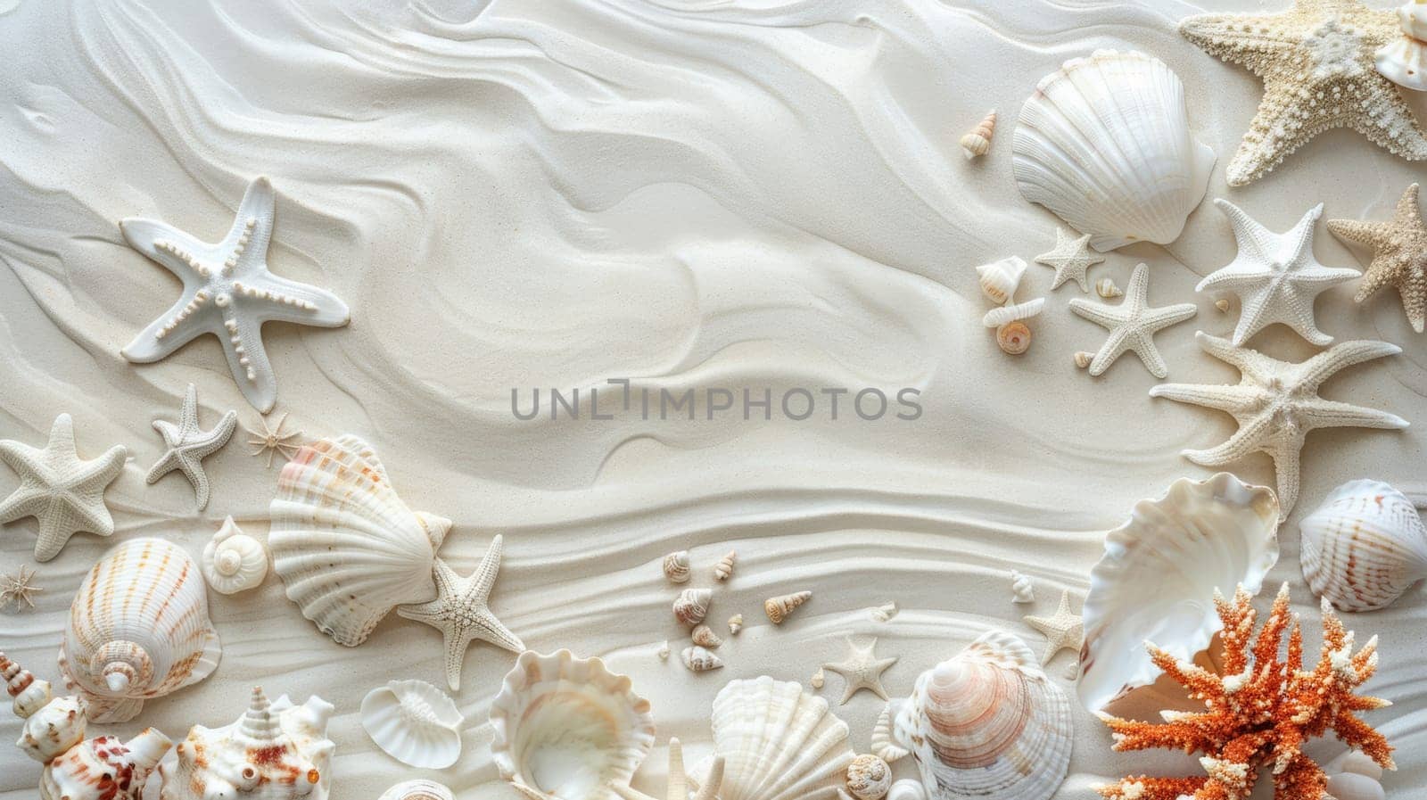 Sea shells and starfish on a textured sand background