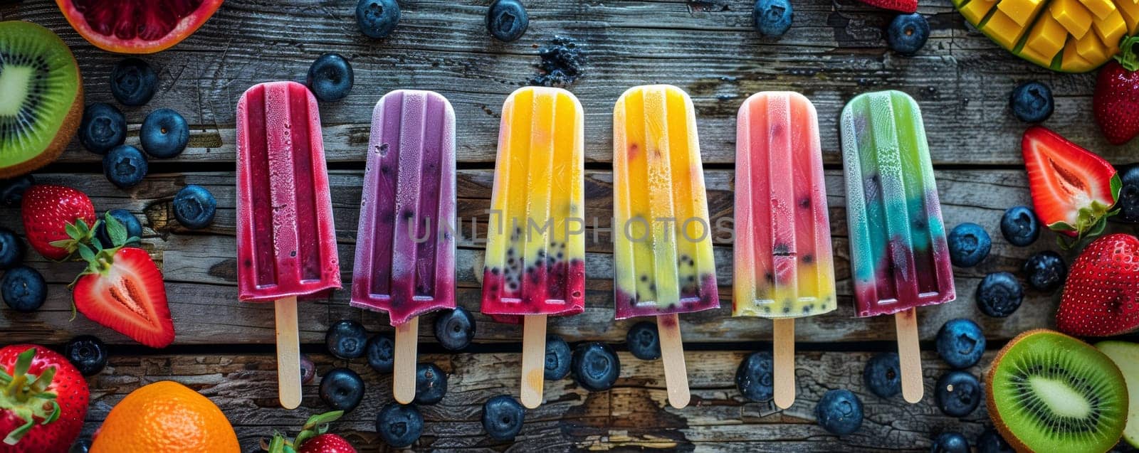 Assorted fruit popsicles on wooden background.