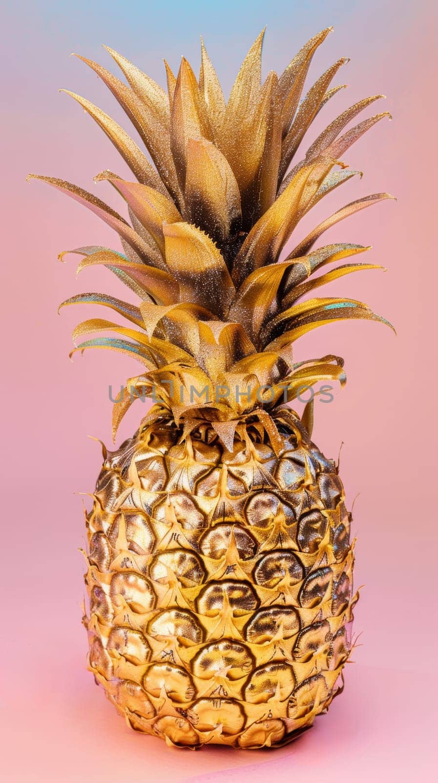 A close-up view of a ripe pineapple against a vibrant pink background. The intricate details of the pineapples textured skin and unique crown are highlighted in this shot.