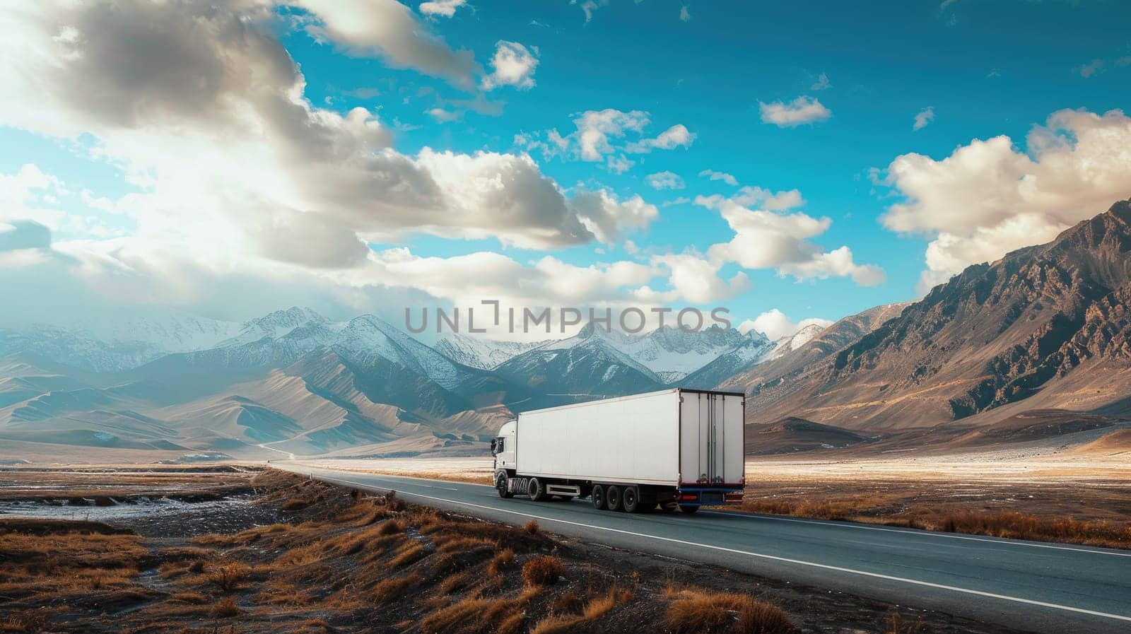 Delivery truck with long empty banner for mockup drives on highway. Transportation logistic concept