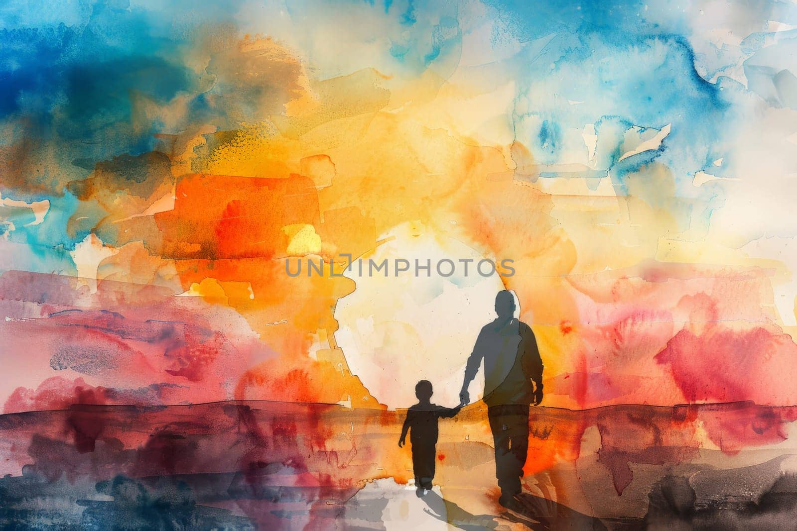 A man and a child are walking together in a field at sunset. father day concept. ai generative.