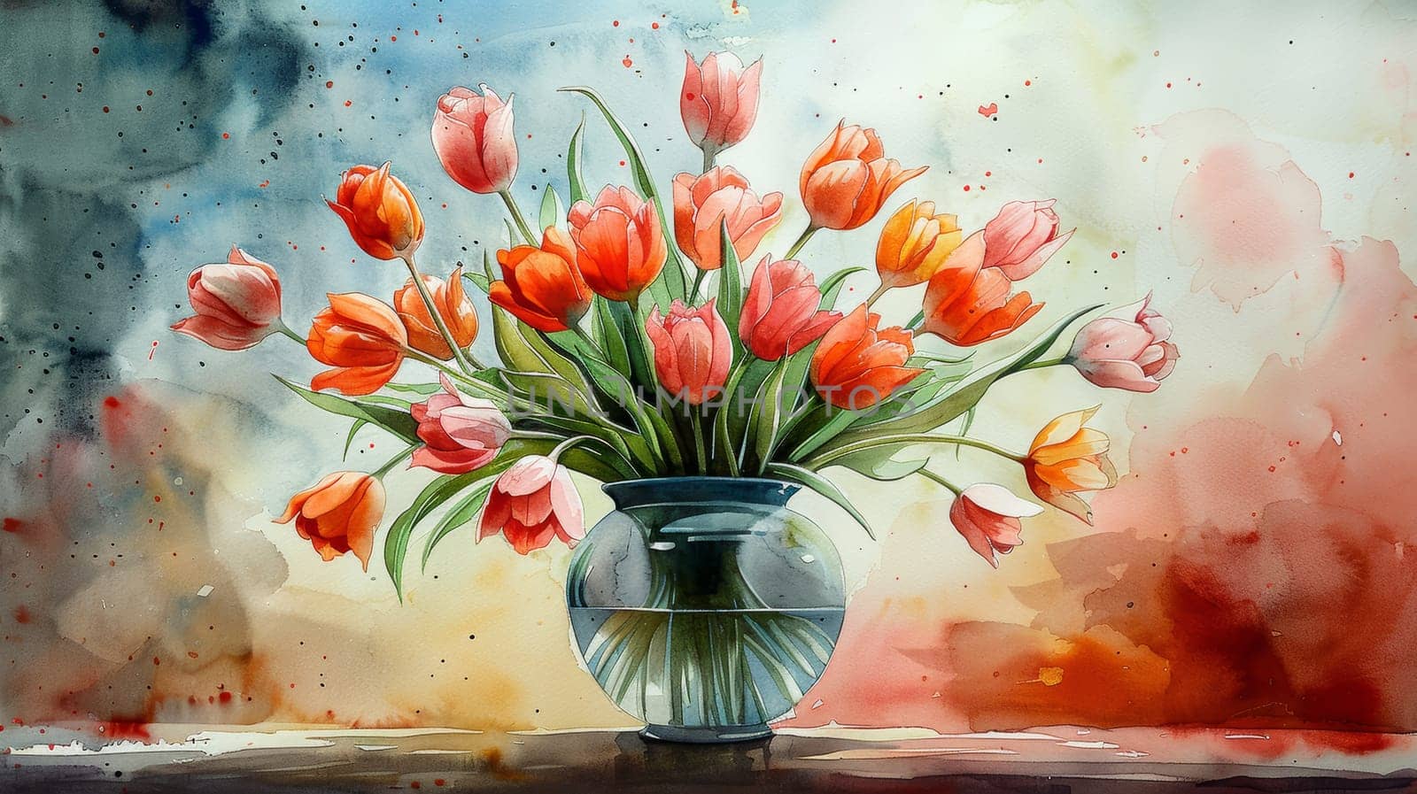 A detailed painting of a vase overflowing with various colorful flowers, such as roses, daisies, and tulips. The intricate brushstrokes capture the vibrant hues and delicate petals.