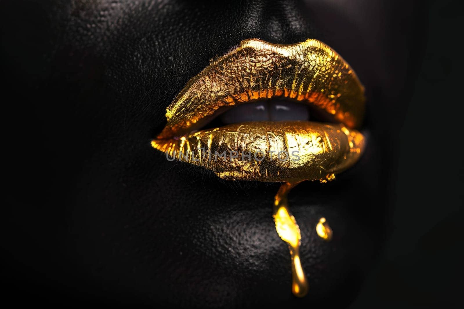 A woman's face is covered in gold glitter.