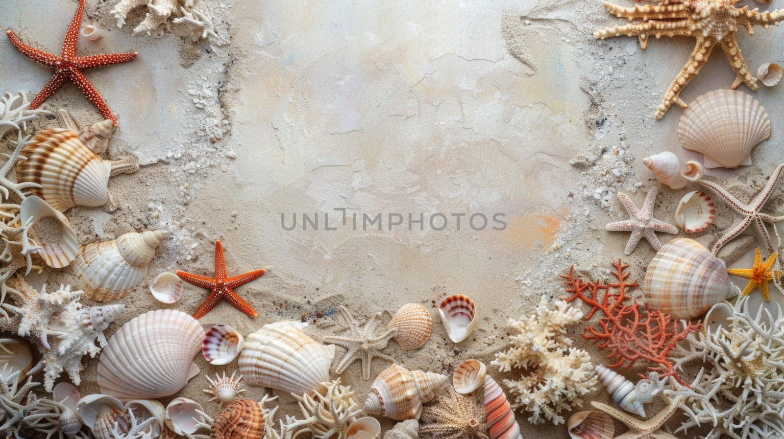 Assortment of seashells and starfish on sandy background