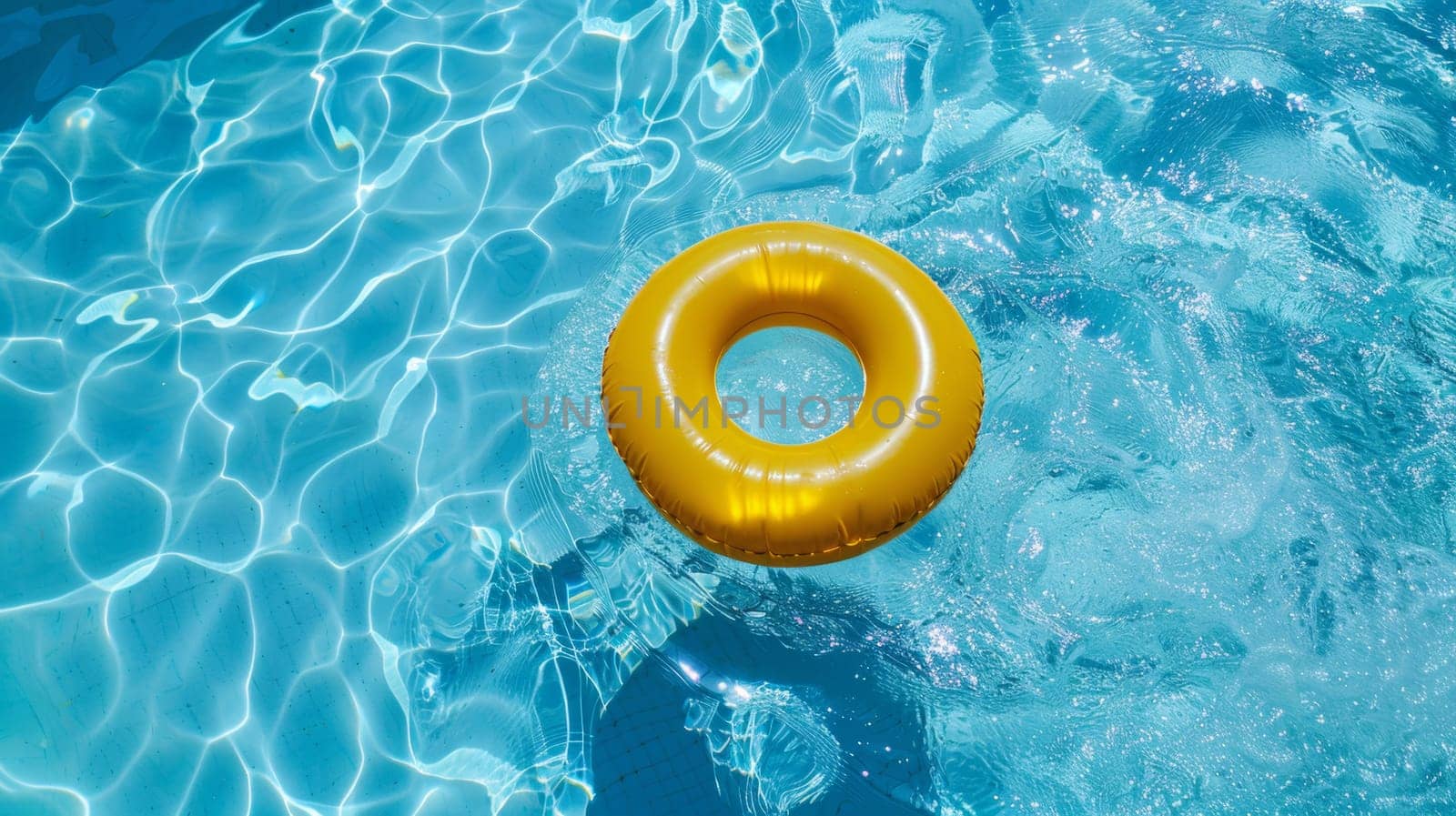 Yellow inflatable ring floating in a blue swimming pool