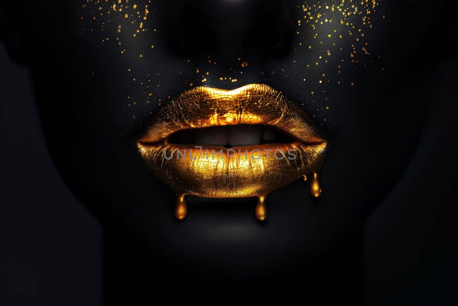 A woman's face is covered in gold glitter, with a gold lip gloss dripping down her face. The image is a work of art, with a bold and glamorous feel