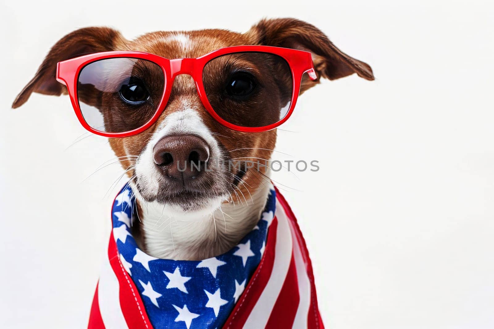 A Russell dog wearing a USA top hat and sunglasses. independence day concept.