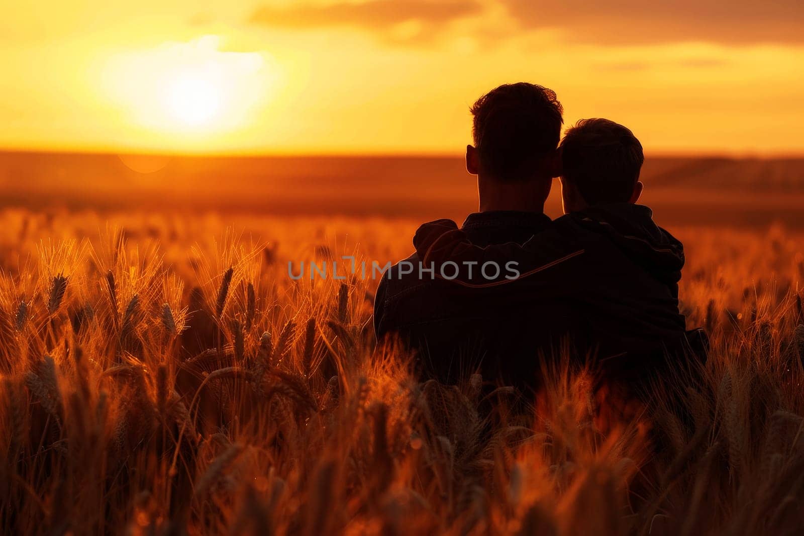 father and son are sitting in a field of tall grass, looking at the sun. ai generative by matamnad