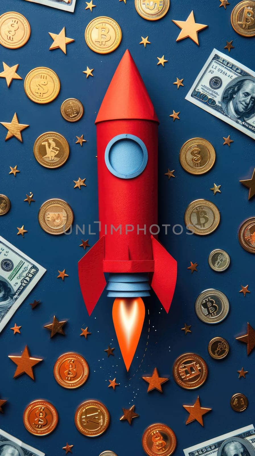 Minimalist paper cutout illustration of rocket is launching, coin and dollar bill