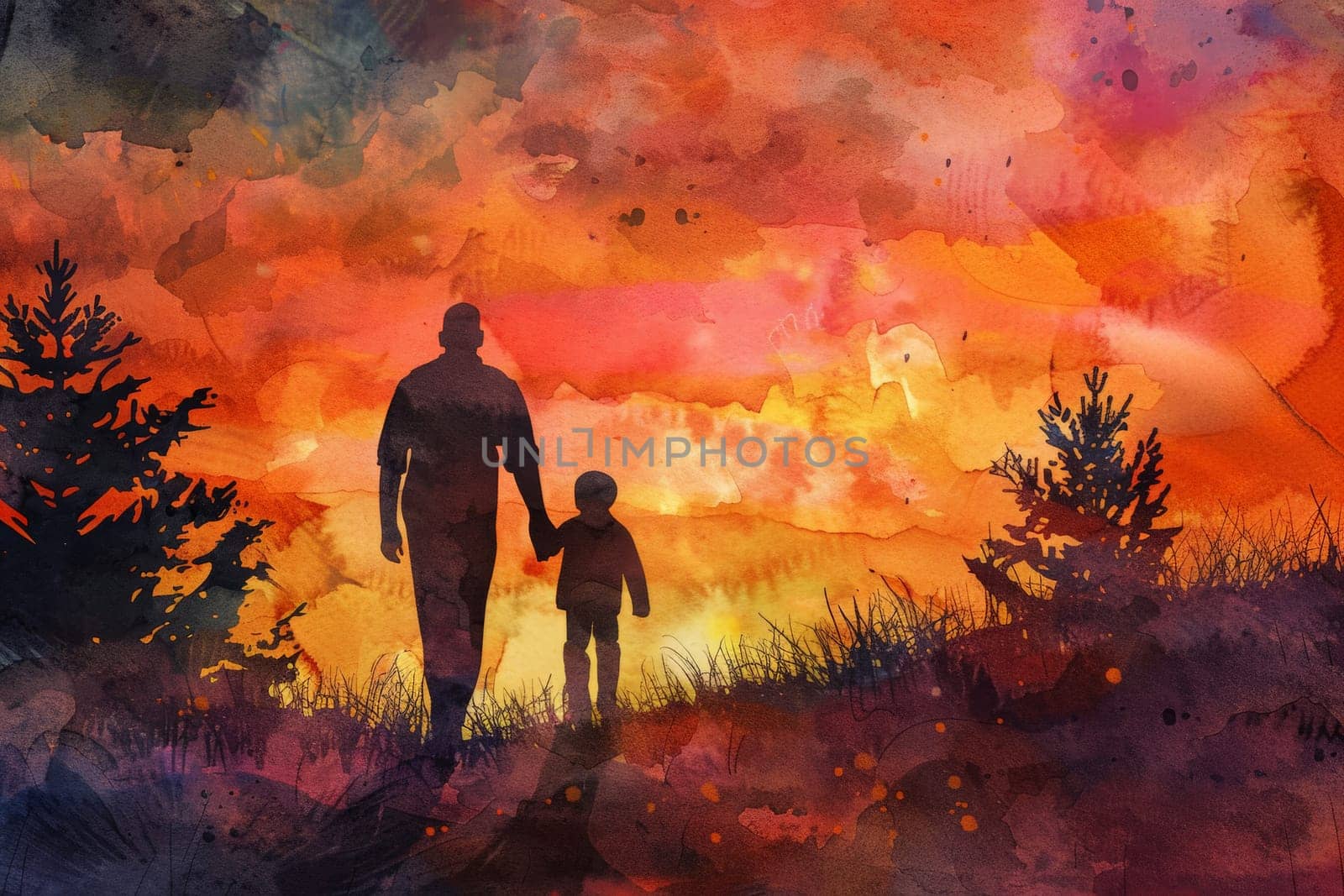 A man and a child are walking together in a field at sunset. father day concept. ai generative by matamnad