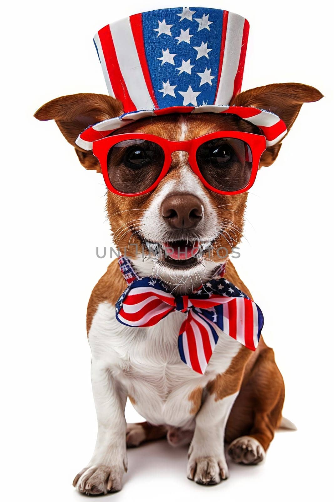 A Russell dog wearing a USA top hat and sunglasses. independence day concept.
