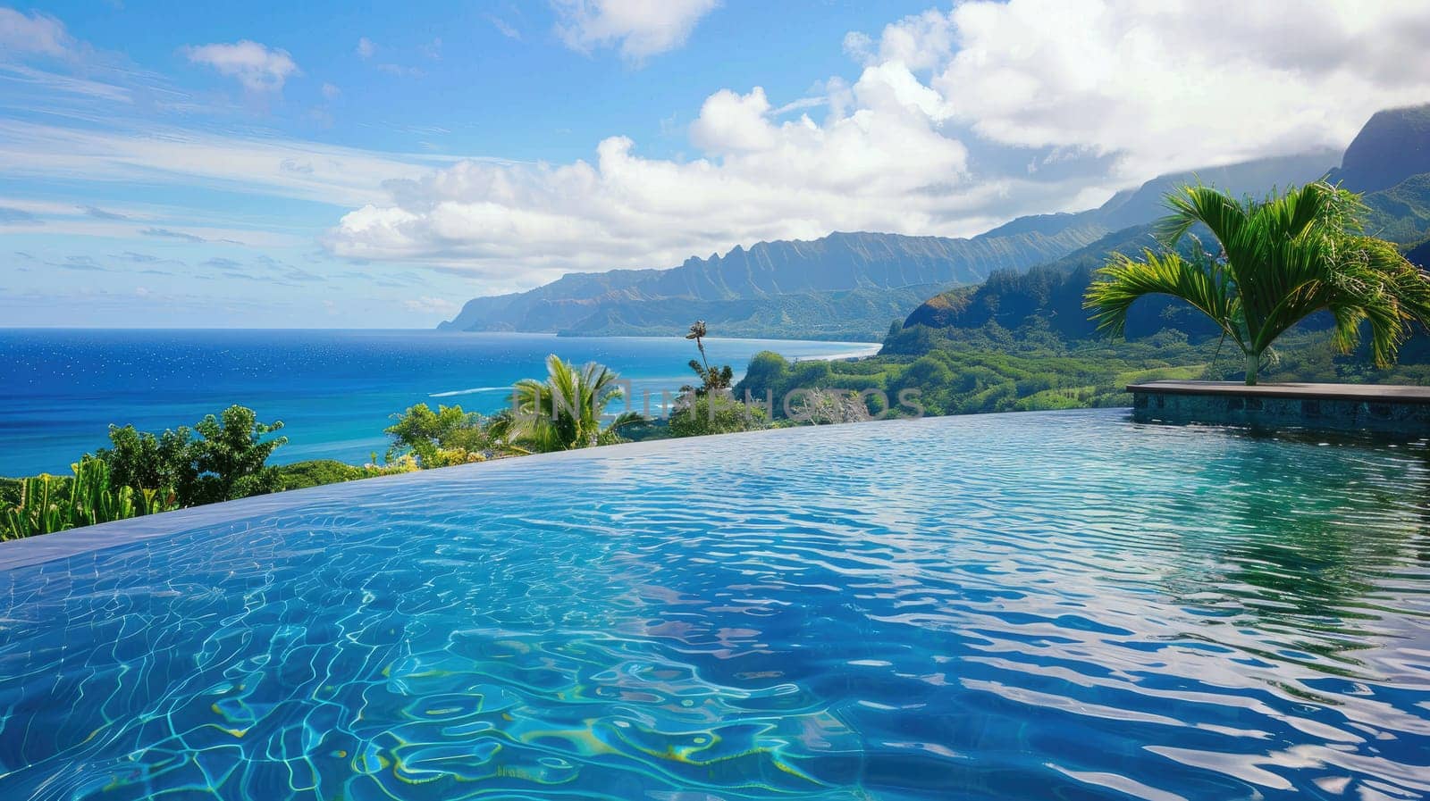 A wide shot of an infinity pool overlooking a stunning landscape, like mountains or the ocean