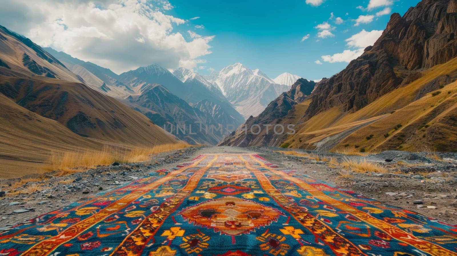 Colorful carpet leading through a mountain valley