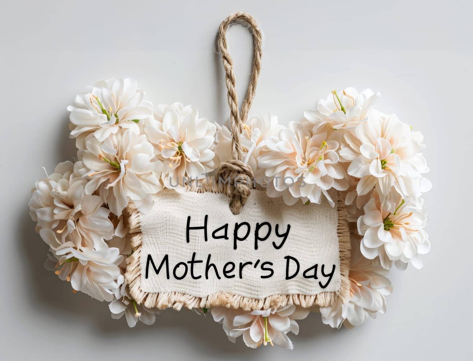 A bouquet of white flowers with a tag that says Happy Mother's Day.