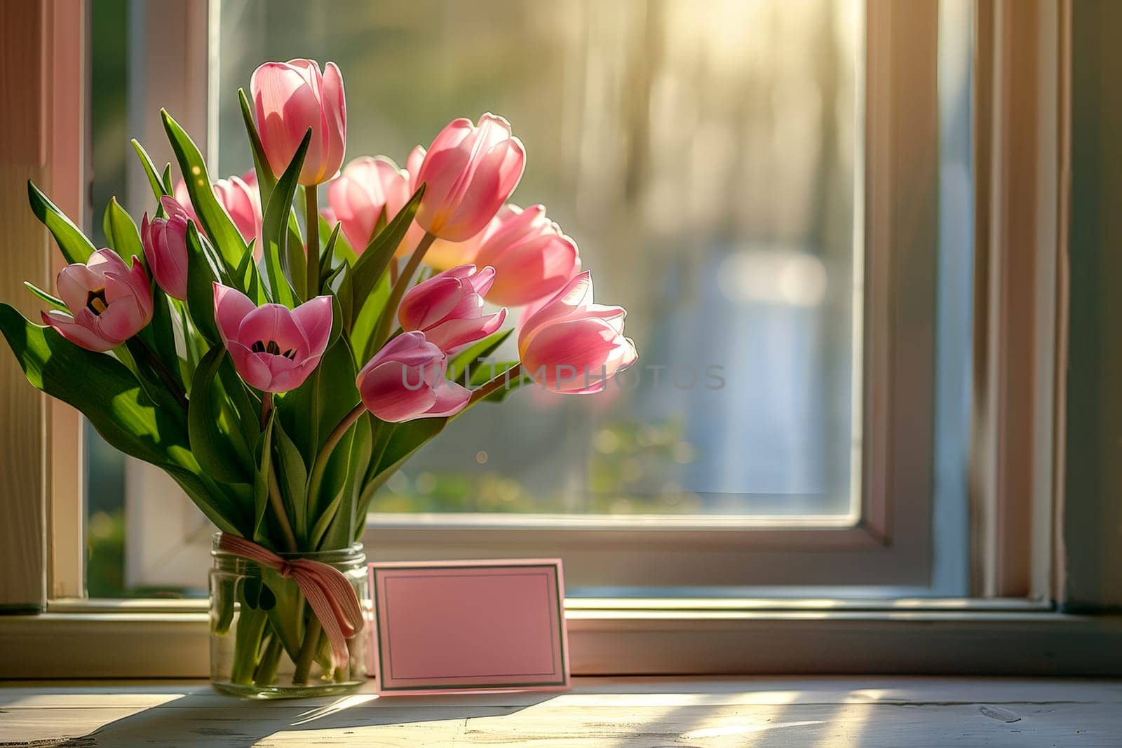 A vase of pink tulips sits on a table next to a card.ai generative.