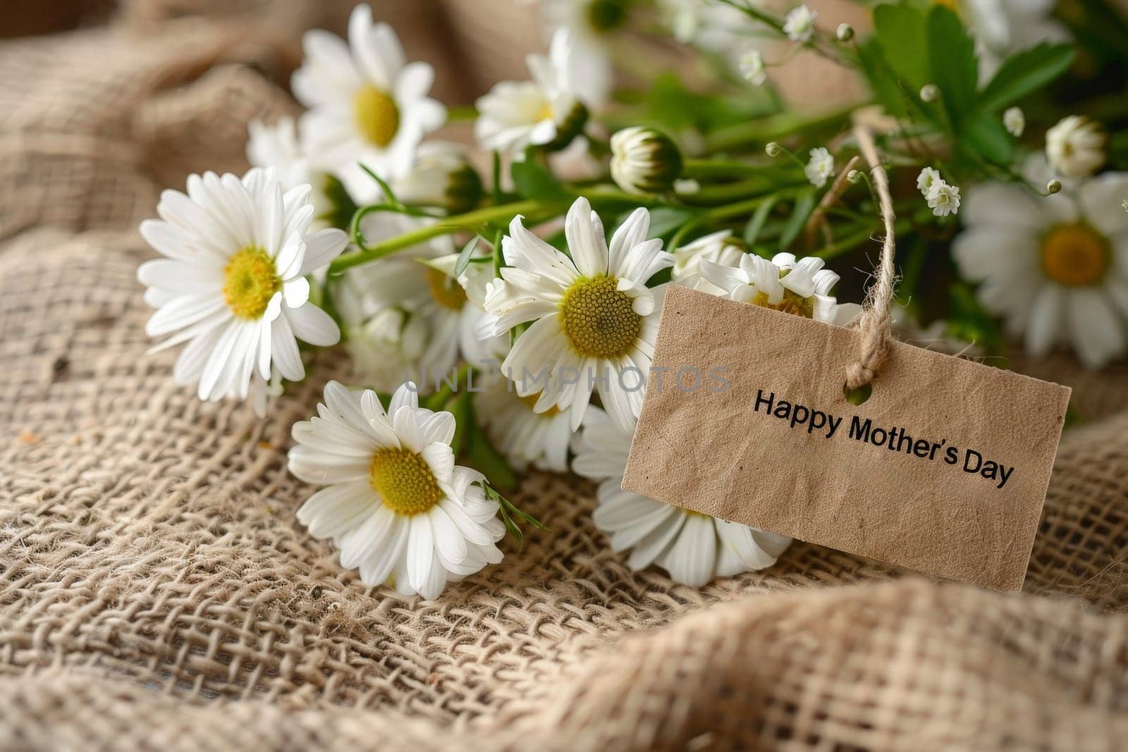 A bouquet of white flowers with a tag that says Happy Mother's Day by matamnad