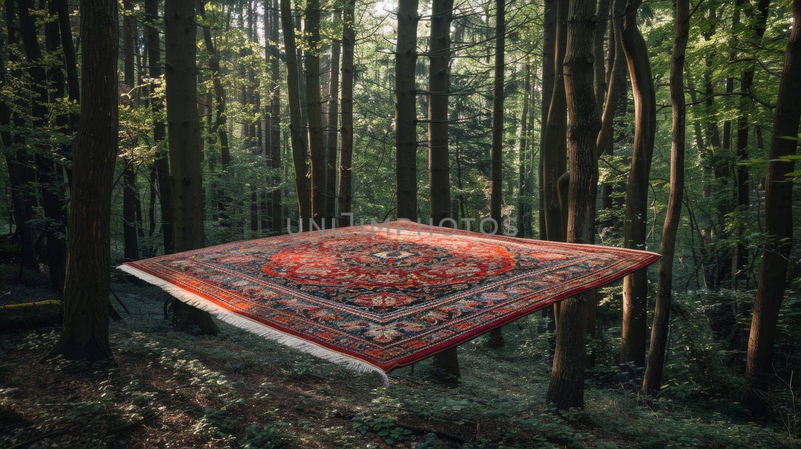 Oriental rug floating in a serene forest