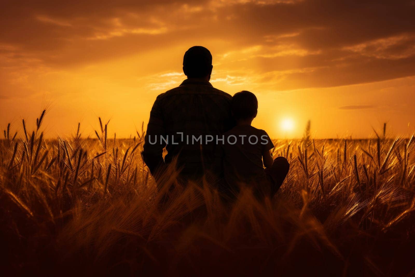 father and son are sitting in a field of tall grass, looking at the sun. ai generative by matamnad