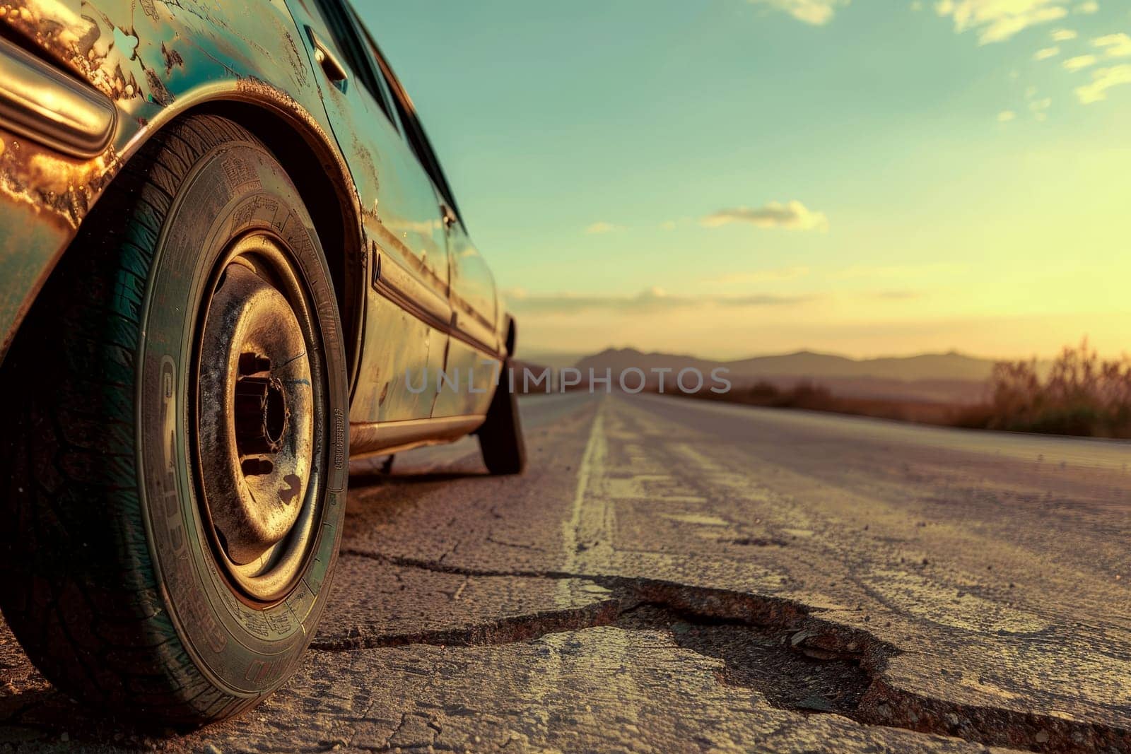 A car tire is shown on a road with a cracked surface.