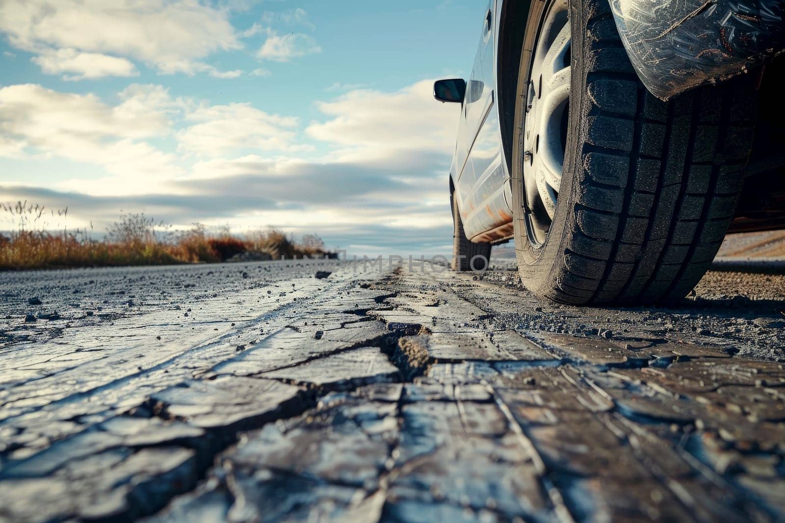 A car tire is shown on a road with a cracked surface by matamnad