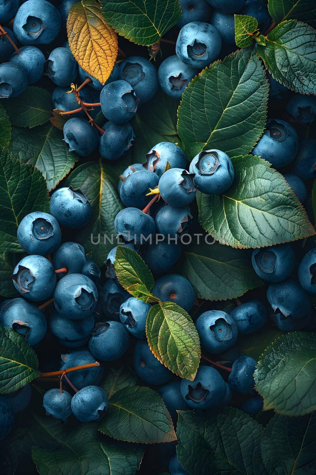 A cluster of electric blue blueberries nestled within lush green leaves, a beautiful natural food that is both a superfood and a produce of a flowering plant