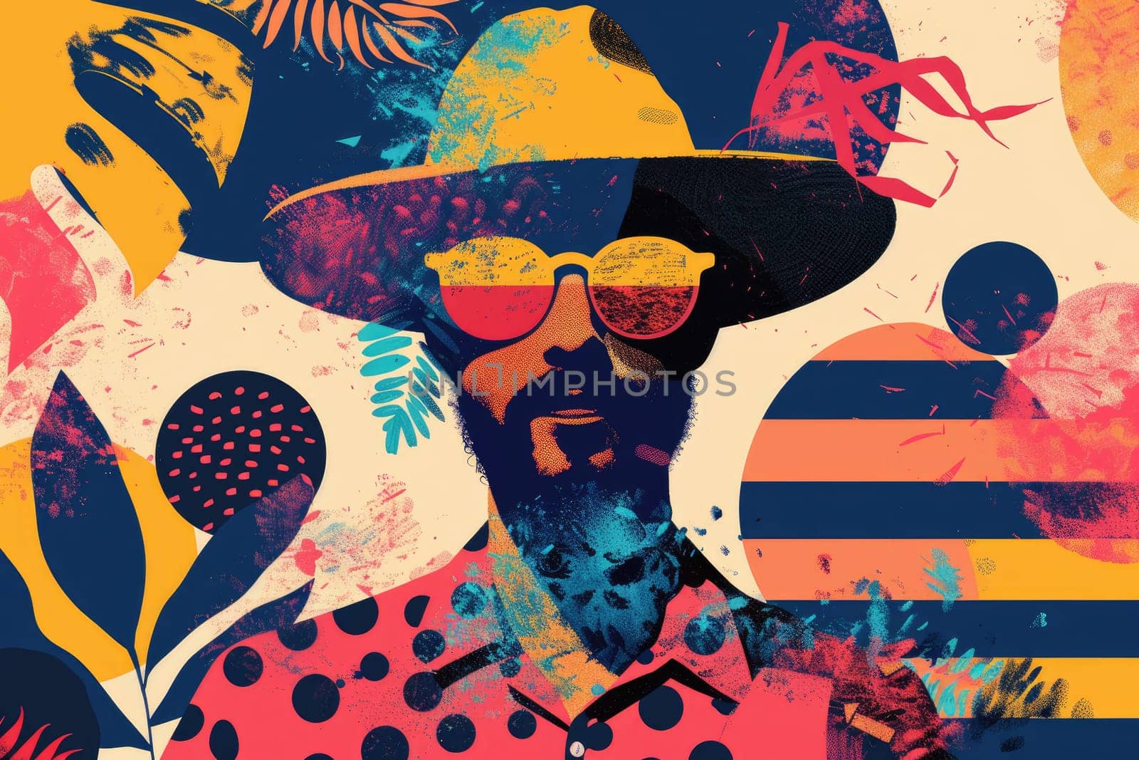 A man with a hat and sunglasses is surrounded by various shapes and colors. by Chawagen