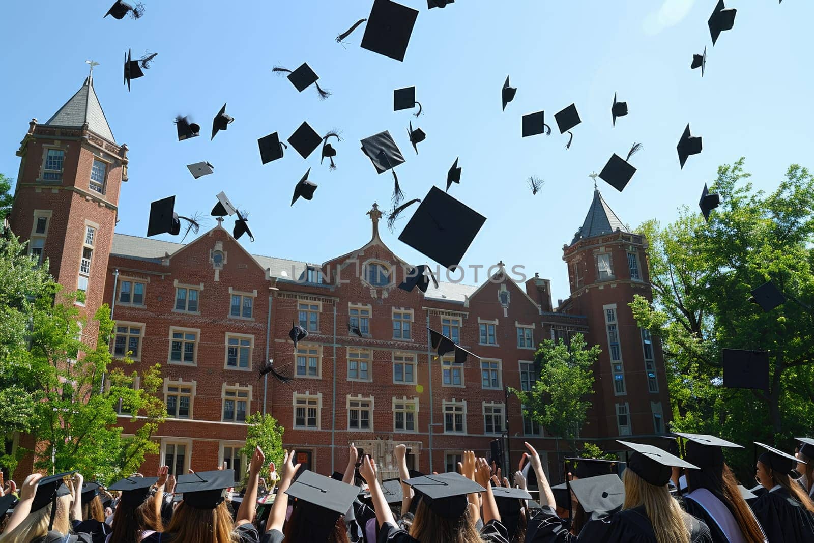 Group of university students in black gowns, throwing up their hats in the air