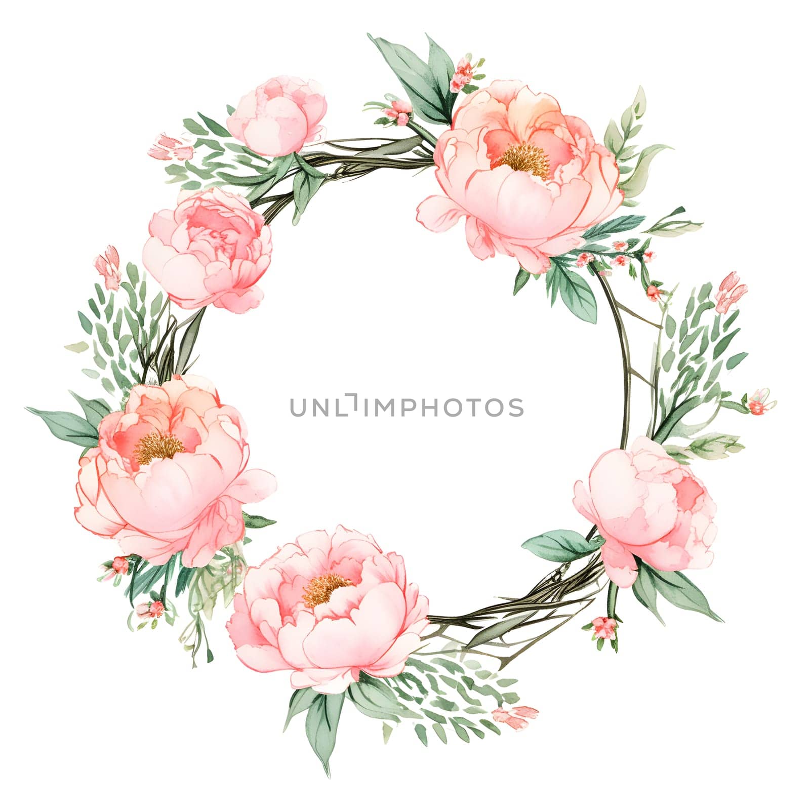 Beautiful wreath of pink flowers and green leaves on a white background by Nadtochiy