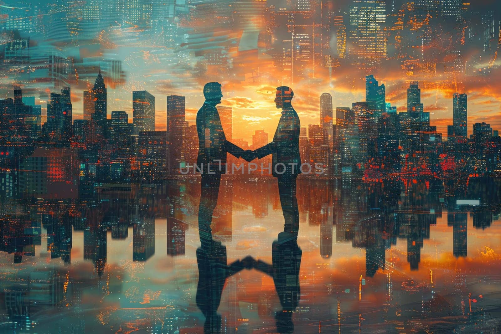 Close up of business people shaking hands over city background. Double exposure,Close up of business people shak hand. by Chawagen