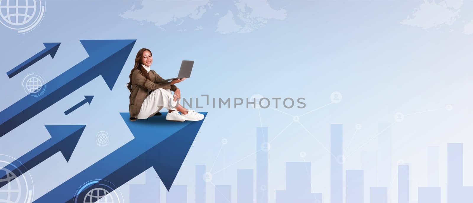 Young businesswoman with laptop sitting on arrow going up against light city background with copy space. Financial growth concept by prathanchorruangsak