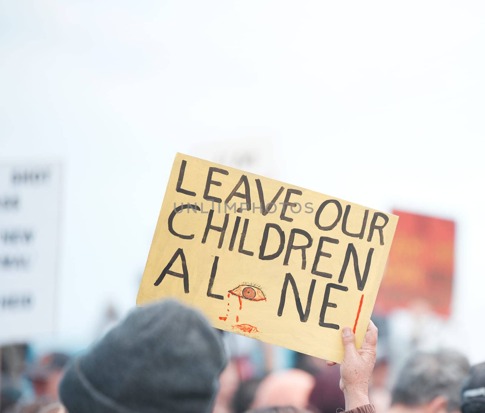 Sign, politics and placard for children rights and human trafficking in United States. Demonstration, protest and campaign for justice in country against kidnapping for awareness, protection by state.