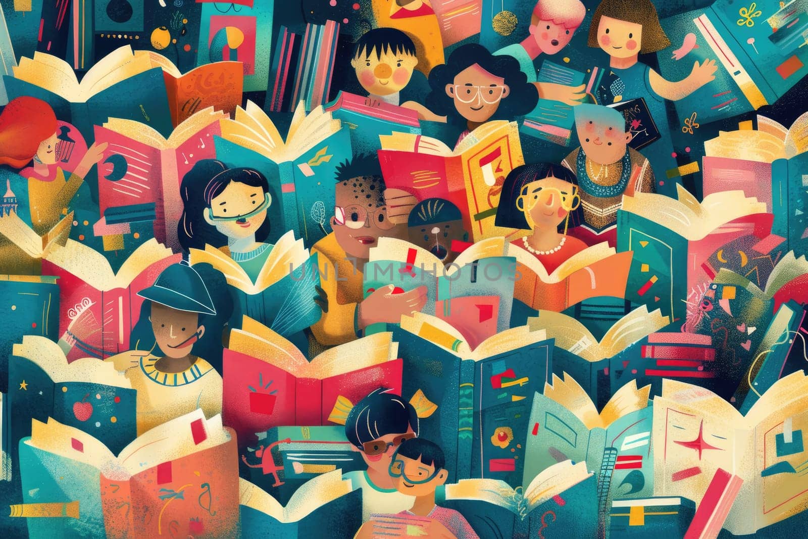 World Book Day by illustrating a diverse community coming together to celebrate the joy of reading and the exchange of knowledge through books