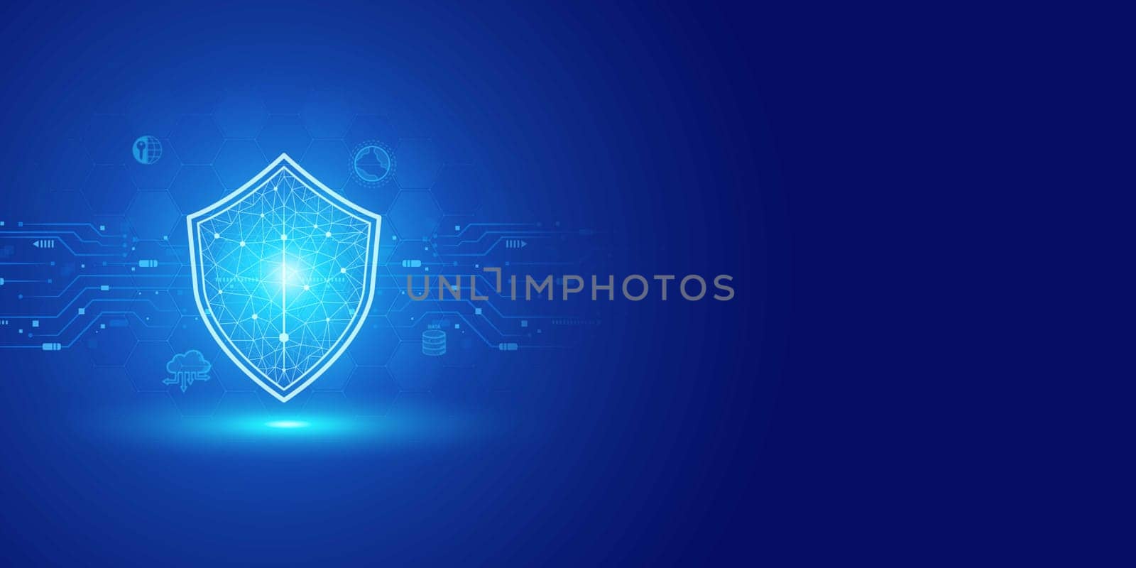 Futuristic blue shield ethics and Security abstract technology background. Artificial intelligence digital transformation and Business quantum internet network communication and Antivirus.