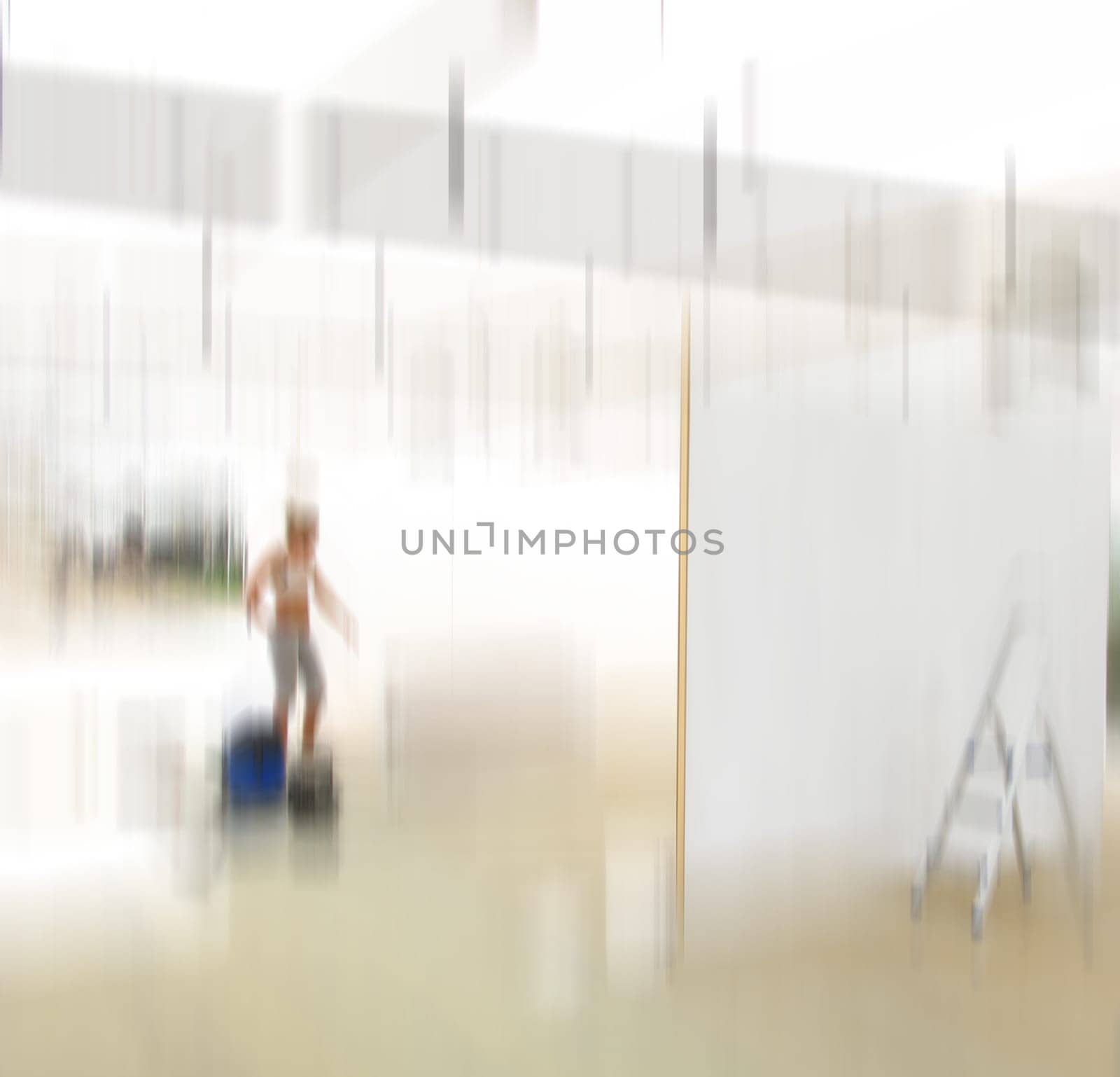Motion, blur and person or dizzy woman, wellness studio and gym with active girl for confusion. Vertigo, ladder and defocused or illusion, urban or vision impairment and instructor in renovation by YuriArcurs