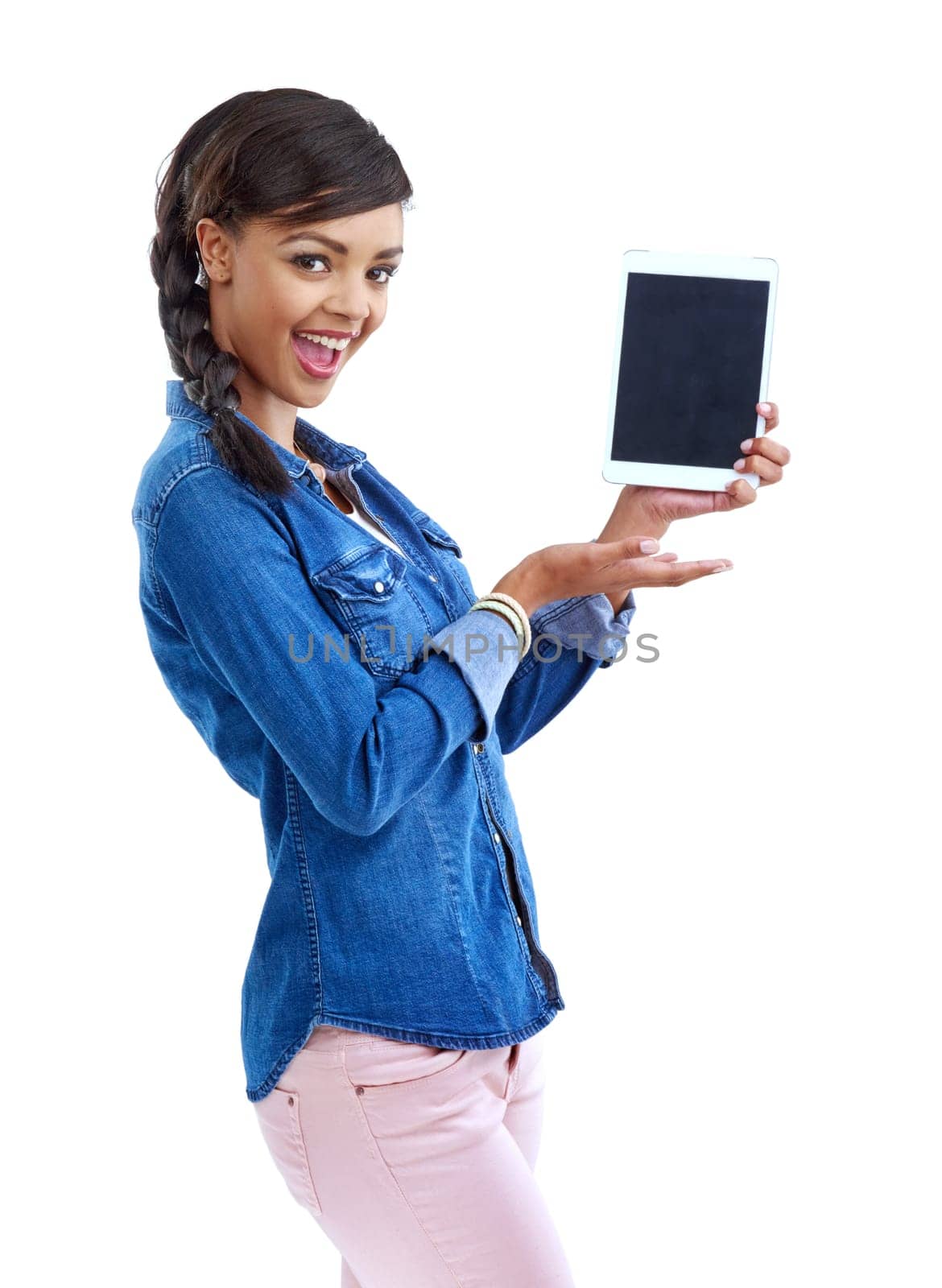 Girl, portrait and presentation of tablet screen in studio for ebook reader or learning app on white background. Excited student with digital marketing for online education or electronic resources.