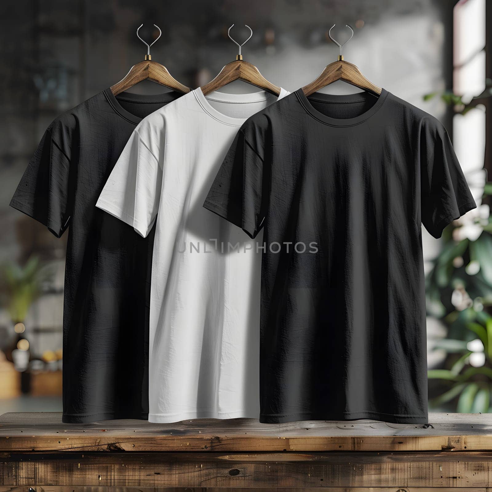 Three tshirts displayed on table, varying in sleeve and design by Nadtochiy