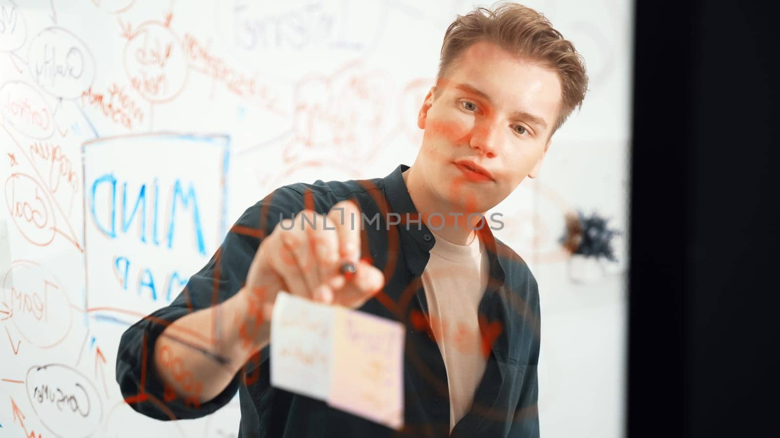 Closeup image of professional caucasian businessman presenting business idea with confident while writing and drawing mind map on glass board by using mind map and colorful sticky note. Immaculate.