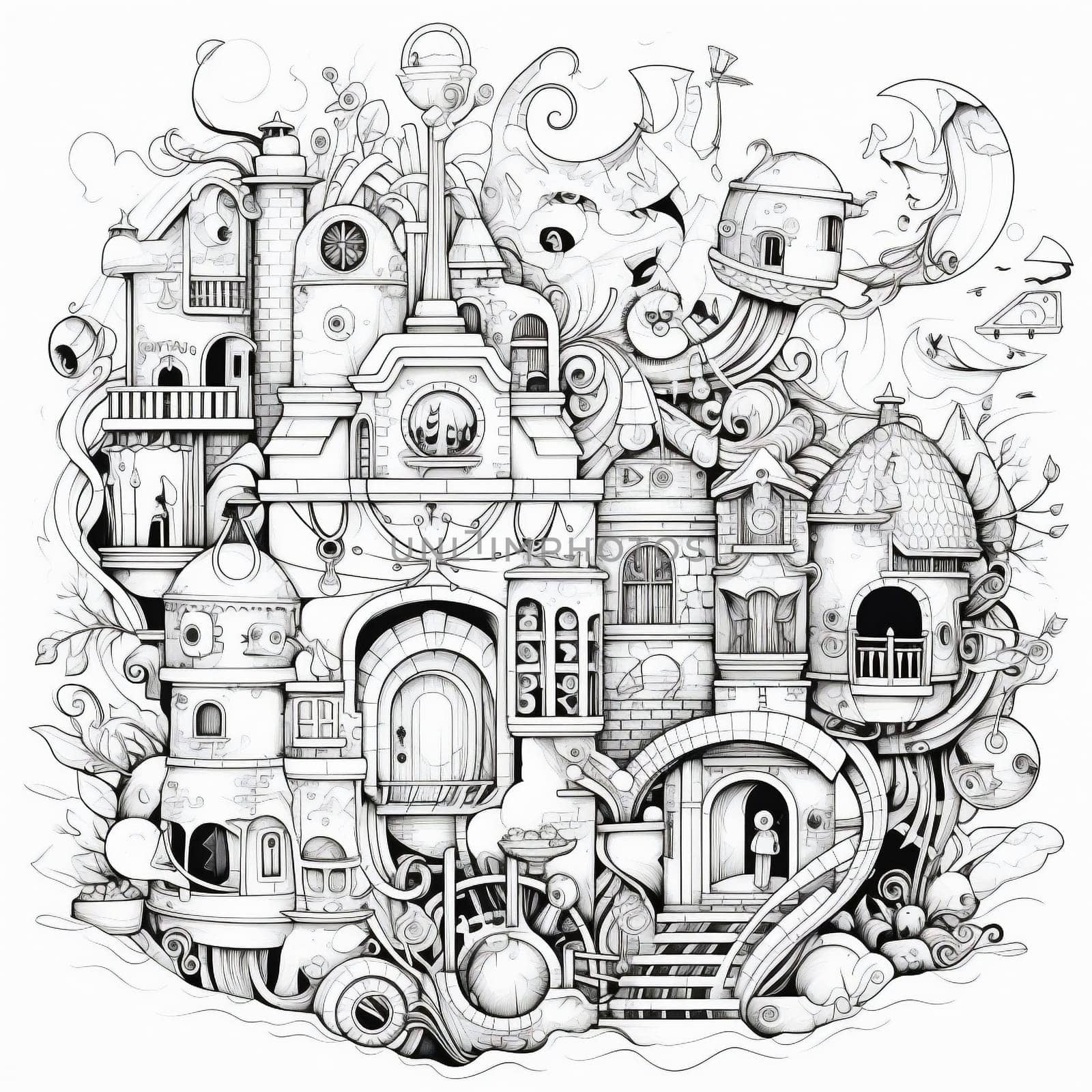 Black and White Illustration of Fairyland Medieval Castle for Coloring. by Rina_Dozornaya