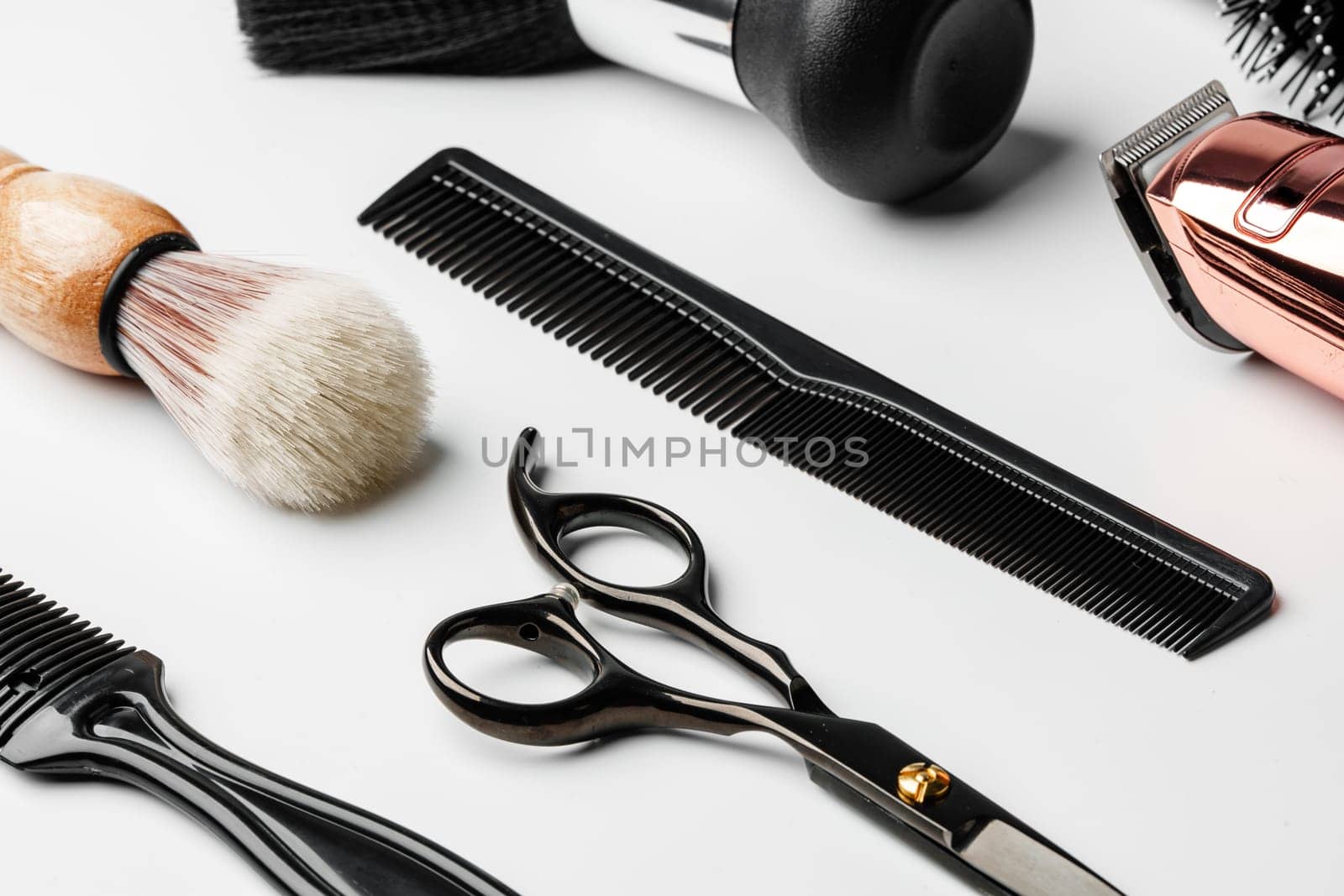 Pattern of various shaving and bauty care accessories for men on gray background by Fabrikasimf