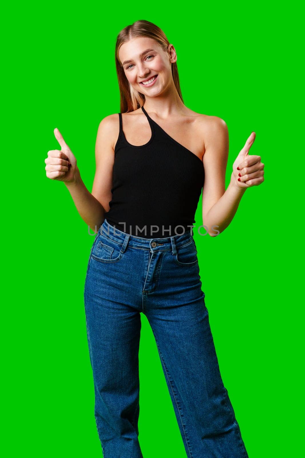 Young Woman Giving Thumbs Up Sign on Green Screen by Fabrikasimf