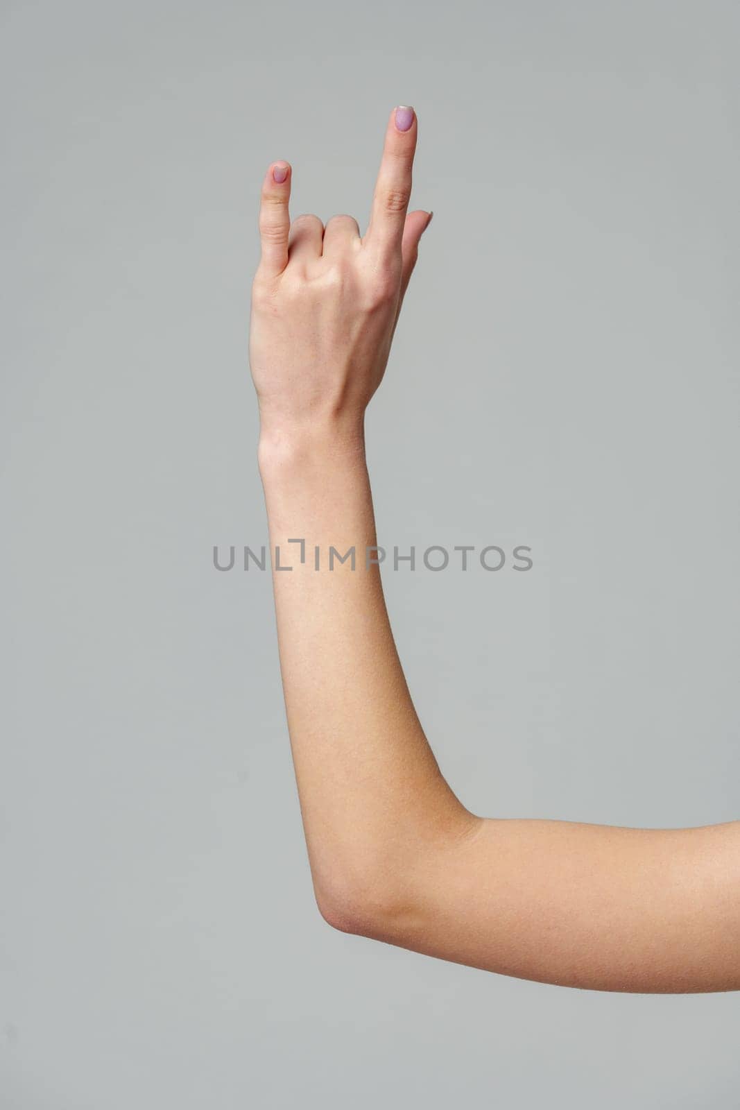 Female hand gesturing rock sign on gray background by Fabrikasimf