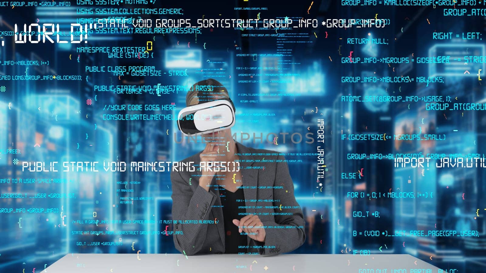 IT developer analyzing intelligent website development coder system running data by VR glasses screen innovation interface digital infographic network technology visual hologram server. Contraption.