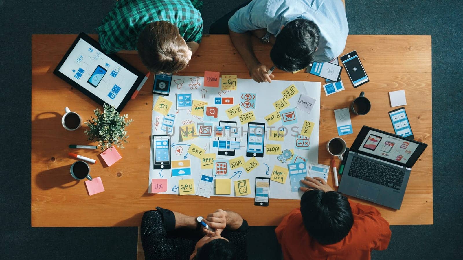 Top view of developer team sharing idea of Ux Ui design by using mind map. Top down view of group of business people working together to brainstorm or plan mobile phone interface app. Convocation.