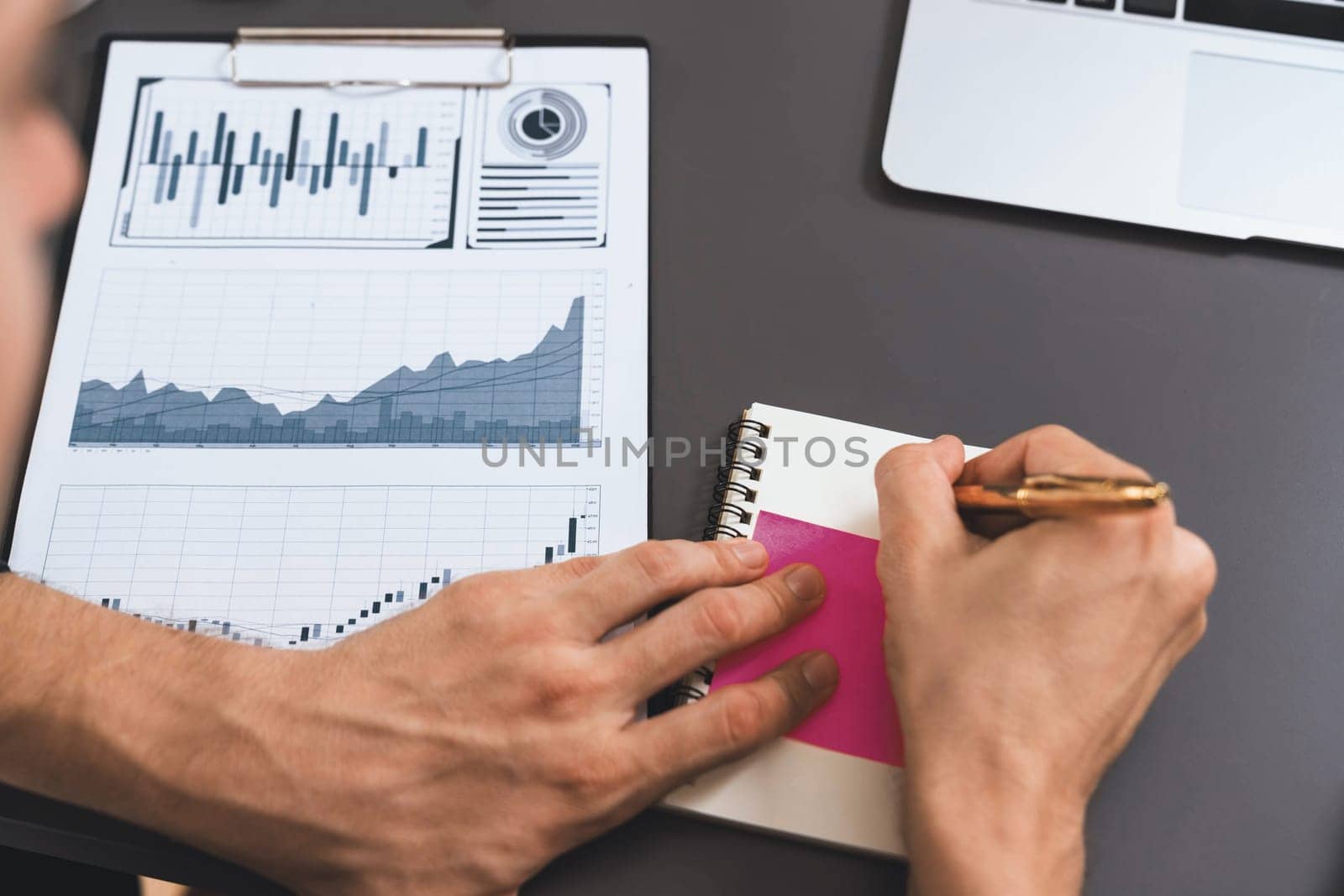 Group of diverse office worker employee take note and brainstorming on strategic business marketing planning with sticky note in office workspace. Positive and productive teamwork in workplace.Prudent